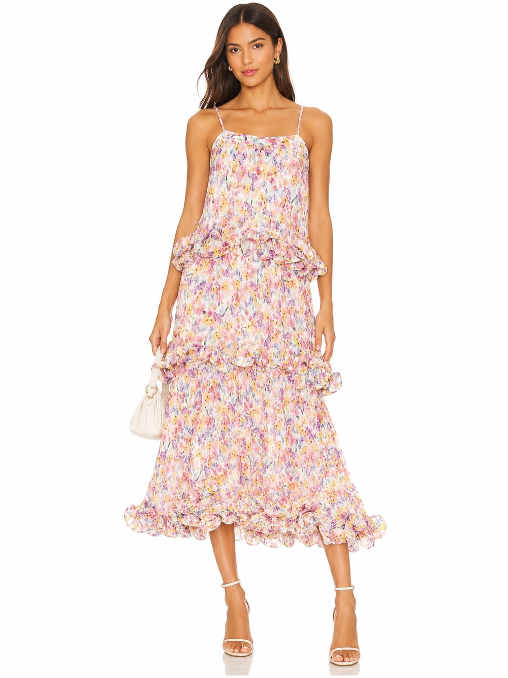 AMUR Pink Multi Floral Ruffle Midi Dress
